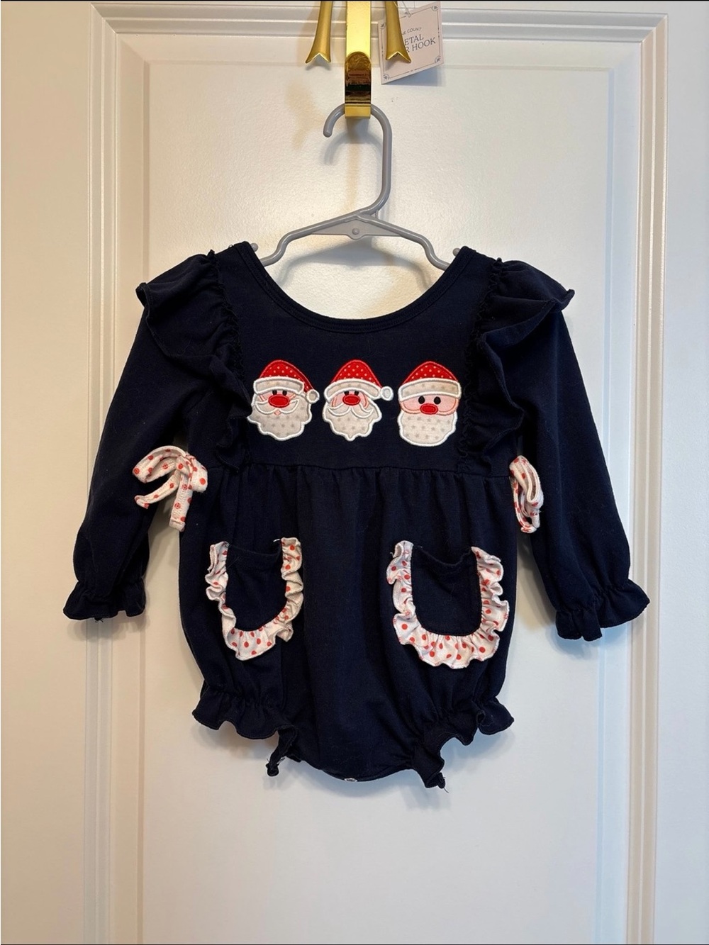 Navy Baby Girl Romper with Santa Appliqués